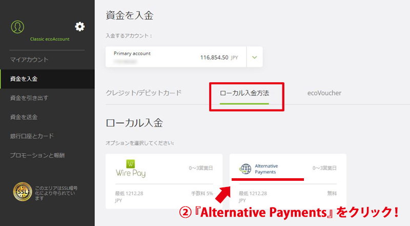 その中に『Alternative Payments』という項目があります。これを使って仮想通貨の入金を行っていきます！先の画面に進みましょう。