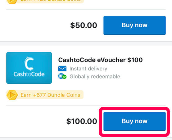 eバウチャー購入サイトで、購入したい金額のeバウチャーの「Buy now」をタップ
